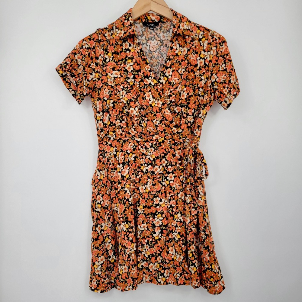 MSK Wrap Dress Women Medium Petite Orange Black Floral Mini Fall Cottagecore Y2K